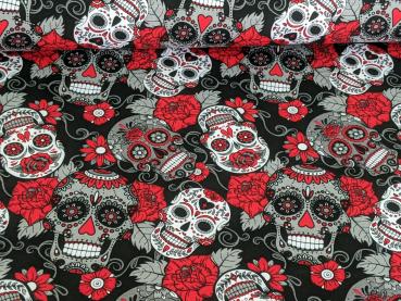 Baumwolljersey Mexikanische Totenköpfe mit Blumen Rot/Schwarz
